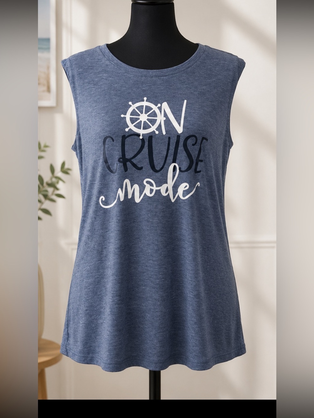 Cruise Mode Graphic Tank Top Blue Heather Sleeveless Tee Size Large